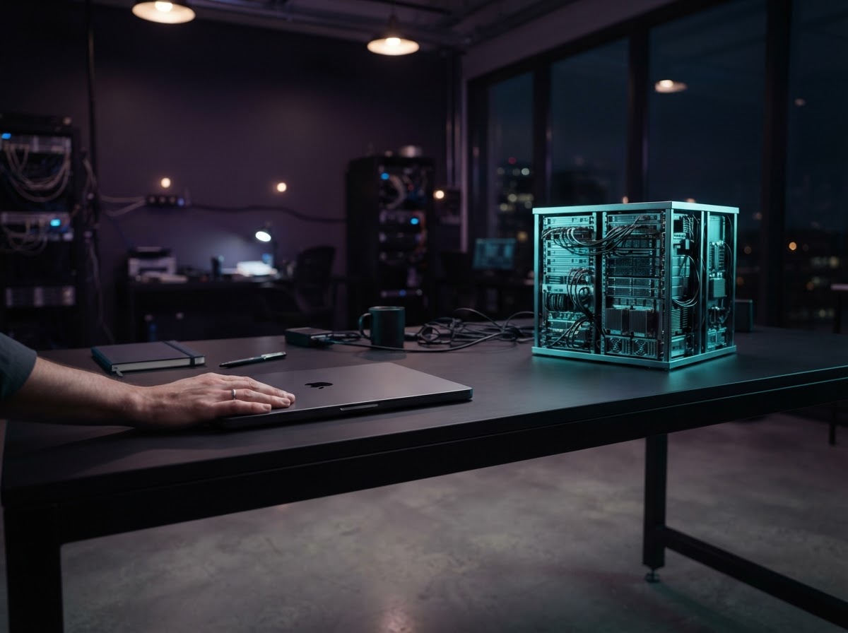 A laptop and server model on a dark desk