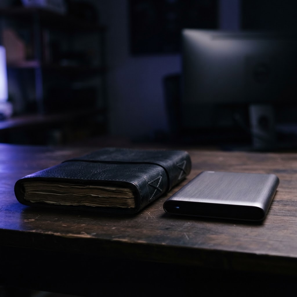 Leather journal and metal hard drive on desk