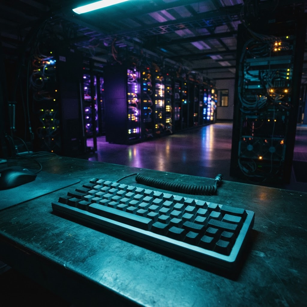 Mechanical keyboard and server racks in dark room
