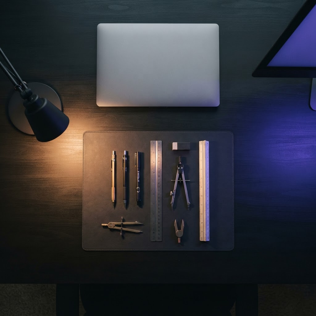 Top down view of desk with laptop and tools