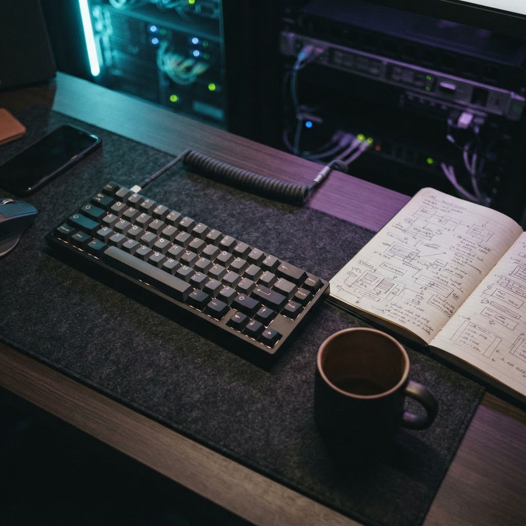 Detailed close up of a clean developer desk workspace