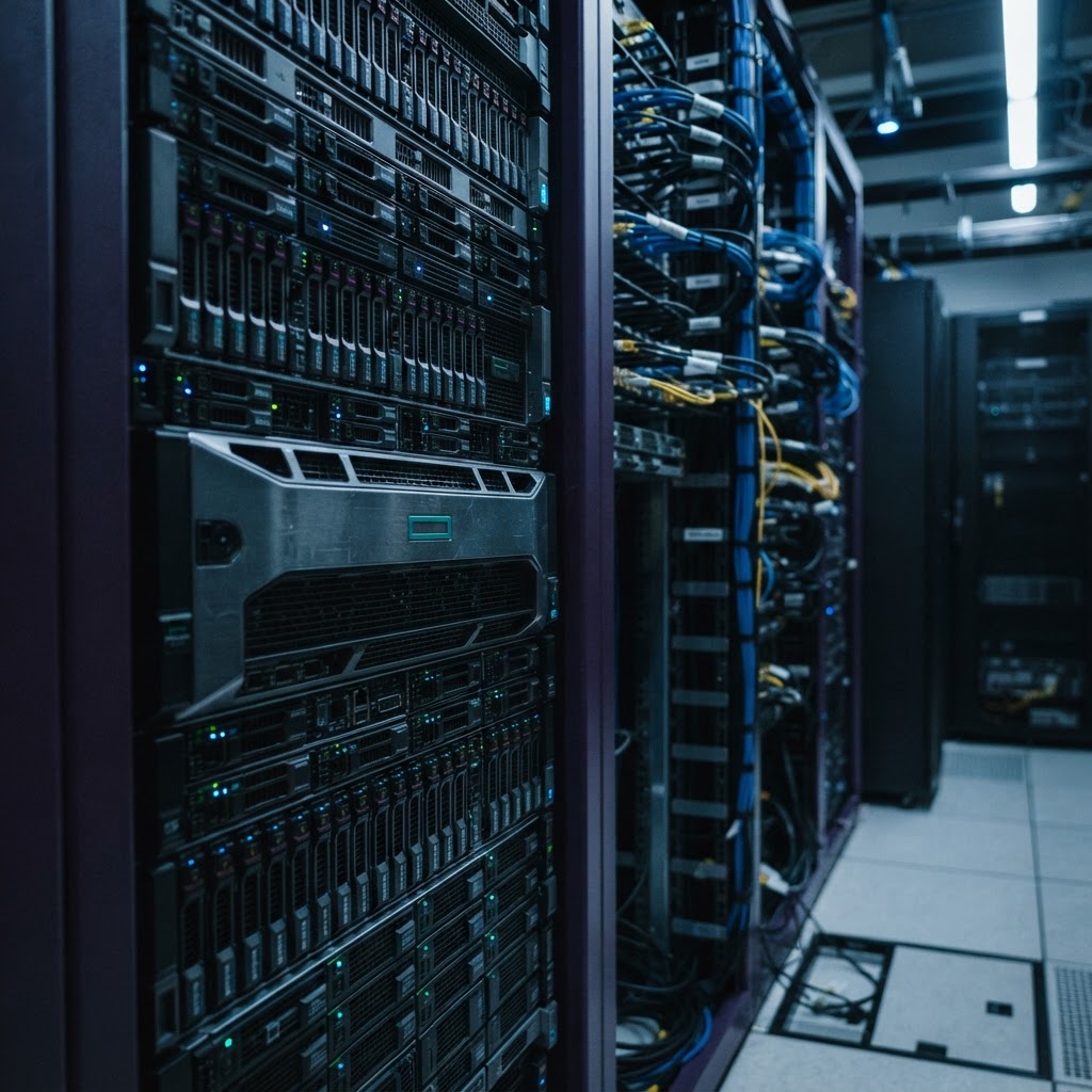 Modern server hardware racks in a dimly lit data center
