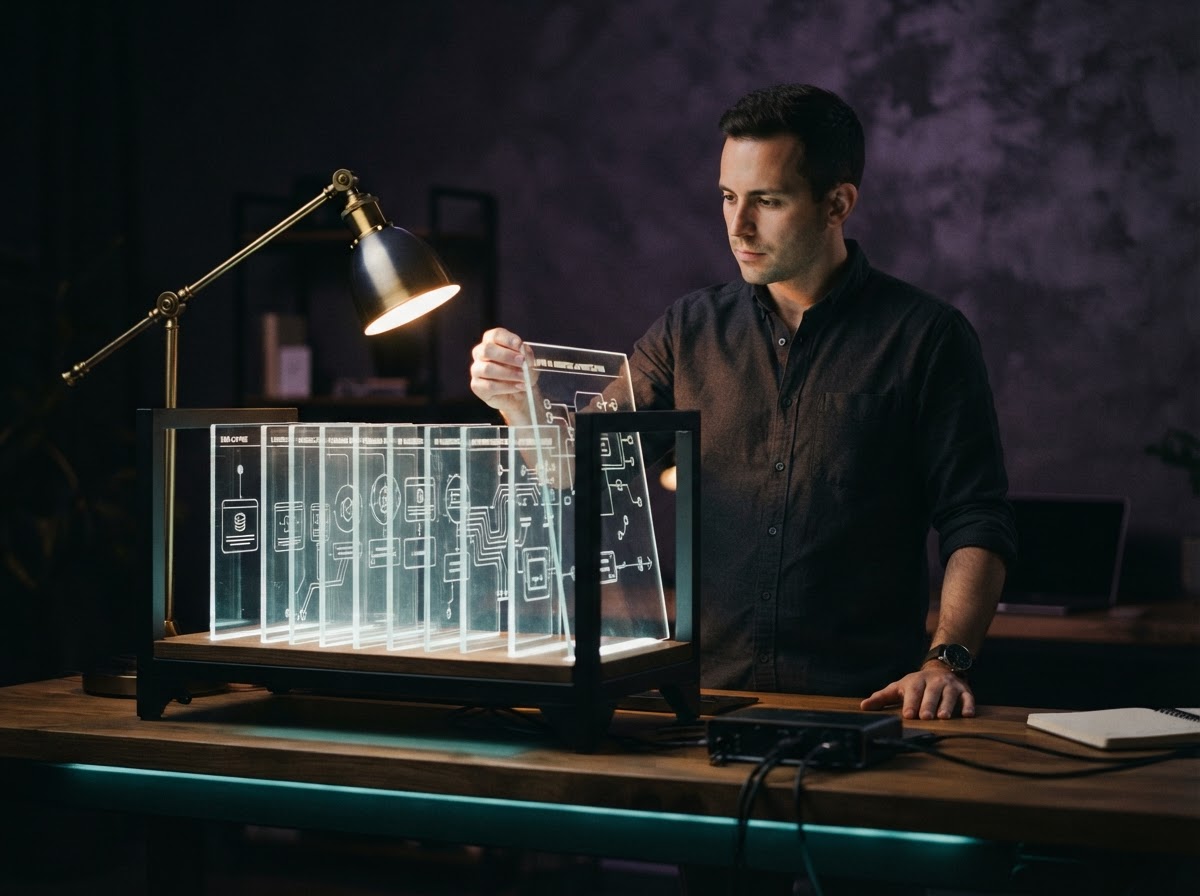 Developer examining layered glass panes representing verification processes
