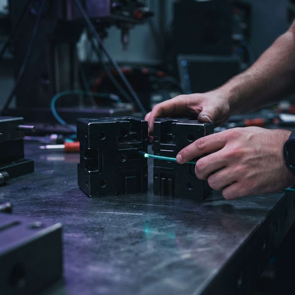 Hands connecting modular metal blocks with a teal cable