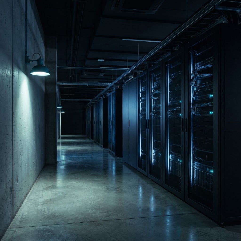 Minimalist server room interior with teal accent lighting