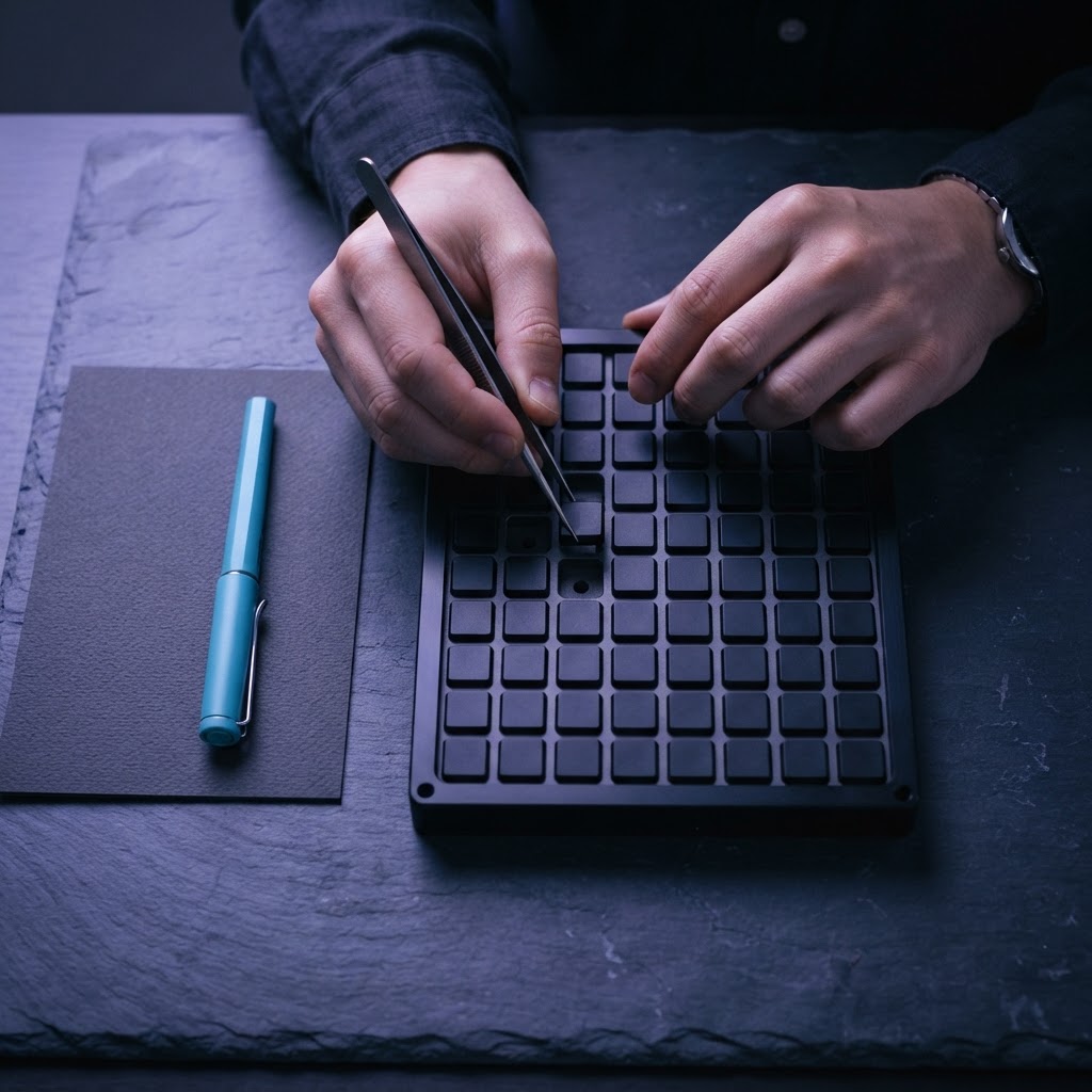 Precision assembly of dark components on a slate desk