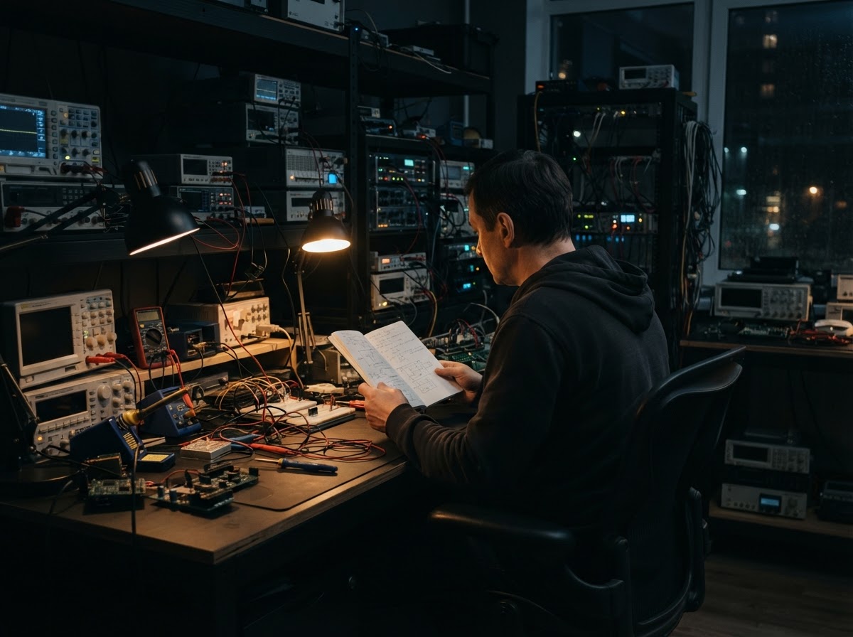 A developer reviewing system designs in a dimly lit studio