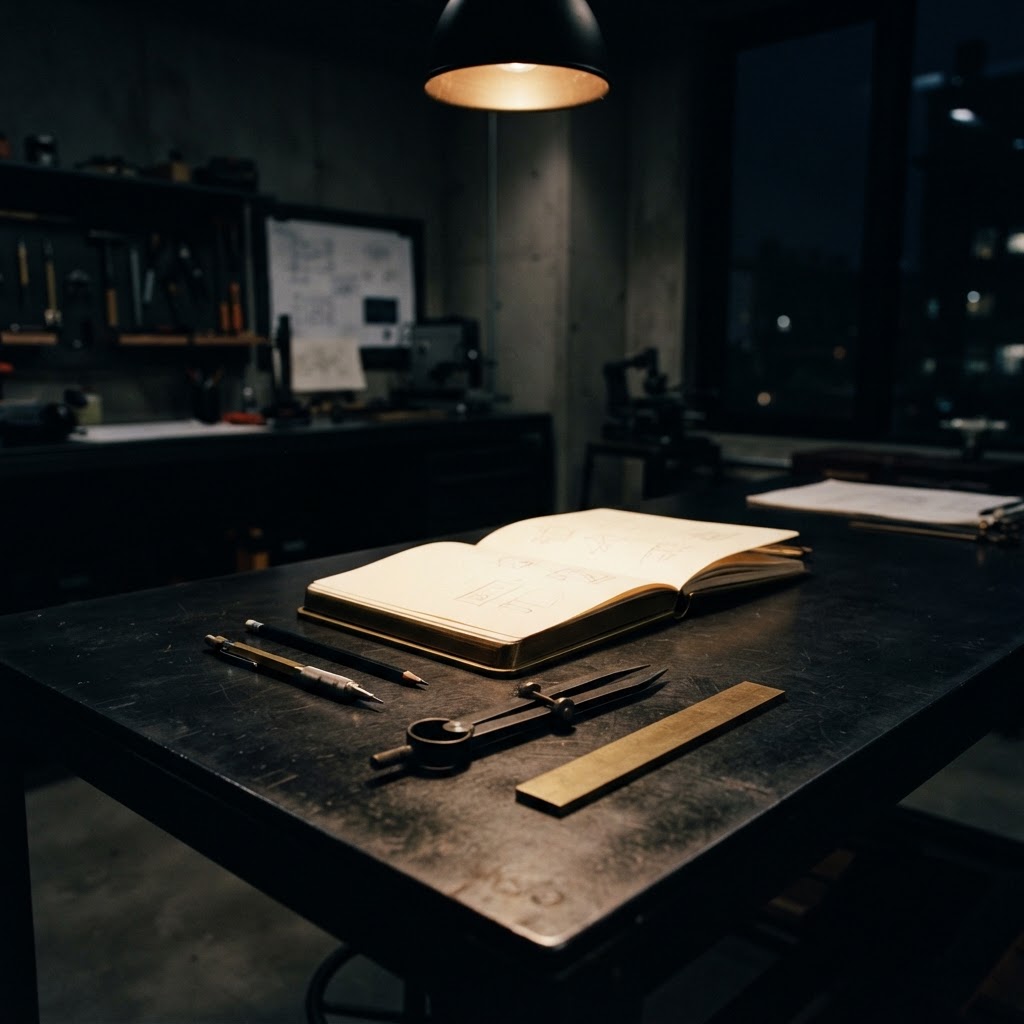 Analog drafting tools on a desk in a dark workspace