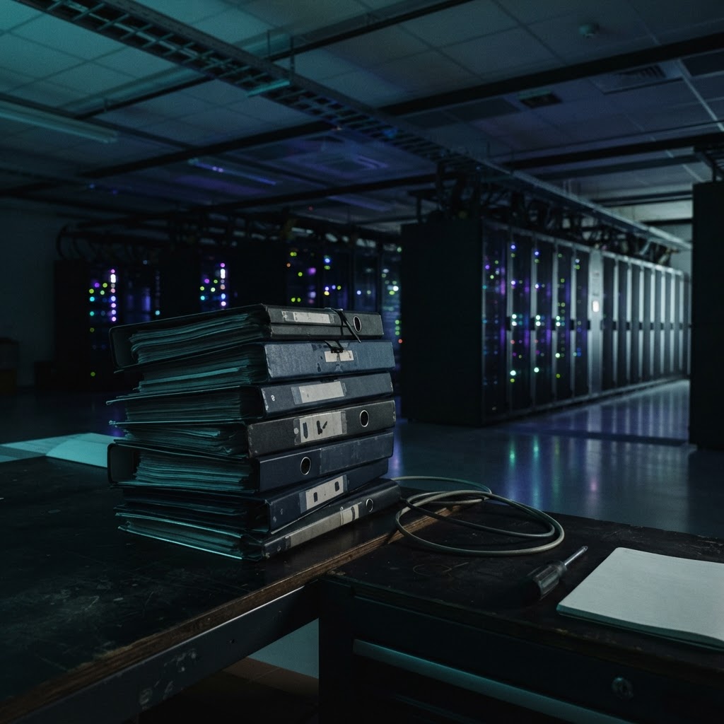 Dark engineering office with technical documentation and server room glow