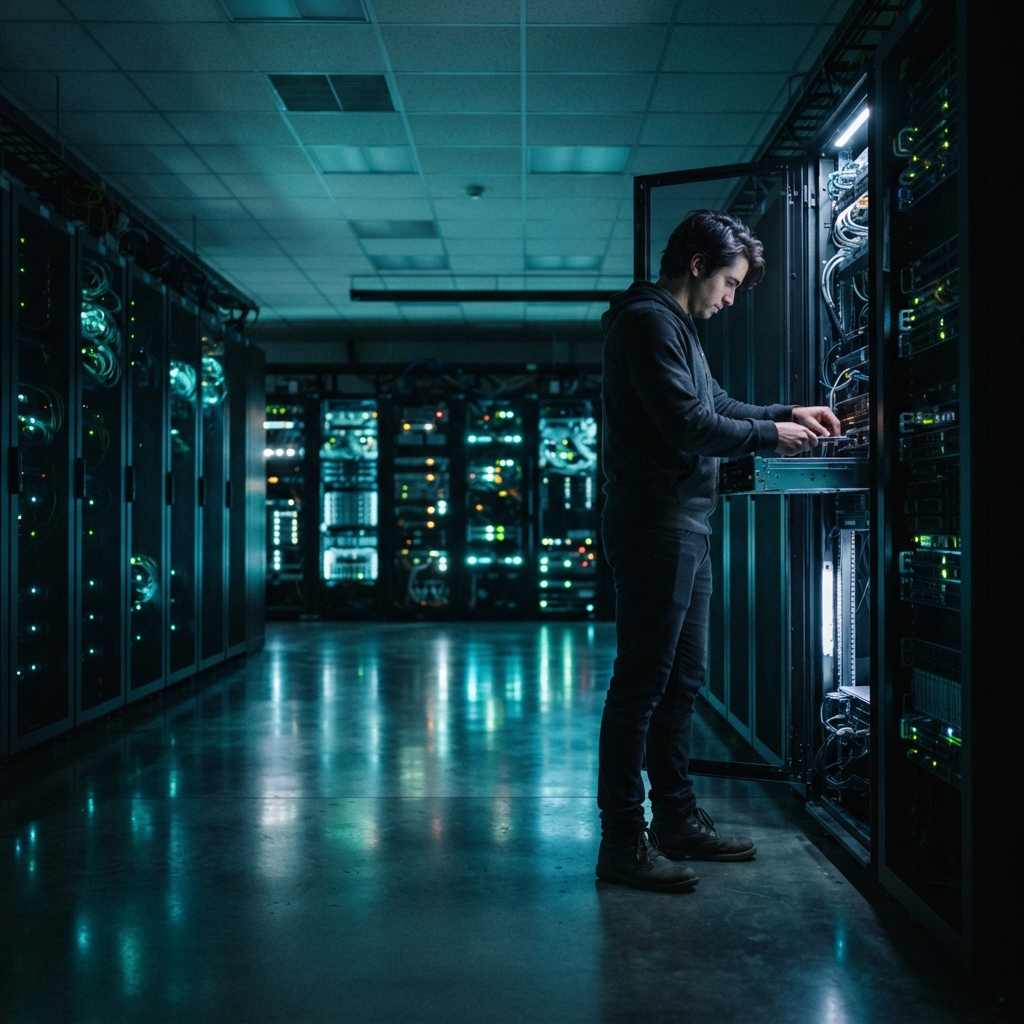 A developer working on physical server infrastructure in a dimly lit, moody server room
