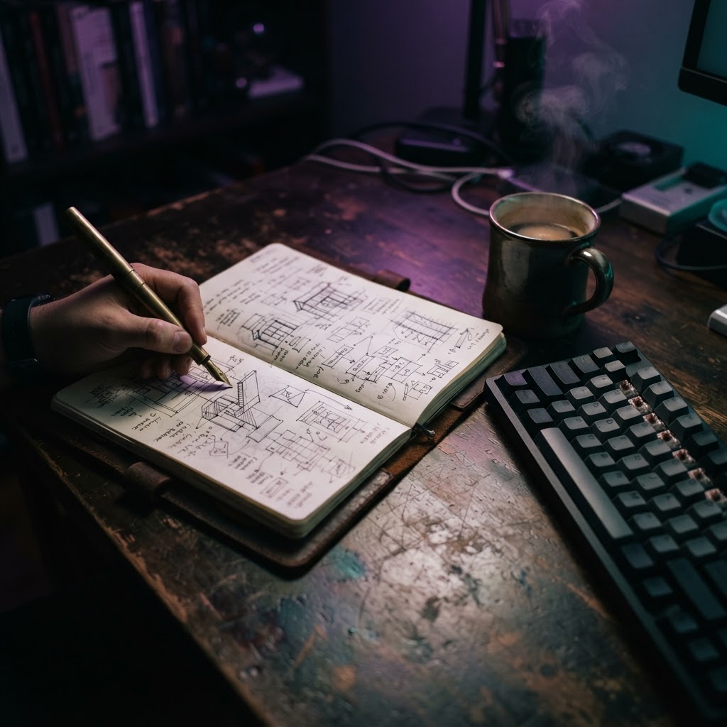 A notebook and coffee on a dark desk during a late night coding session