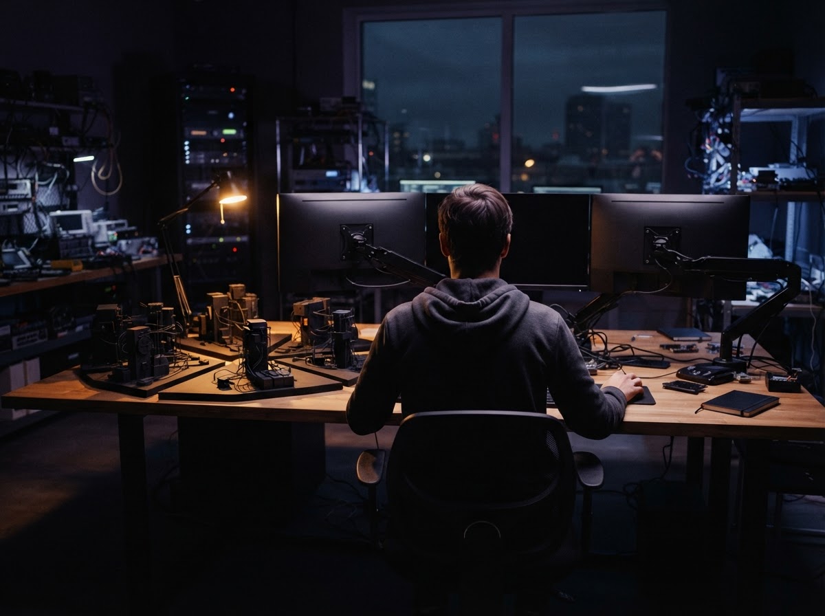 Developer at desk with architectural logistics models
