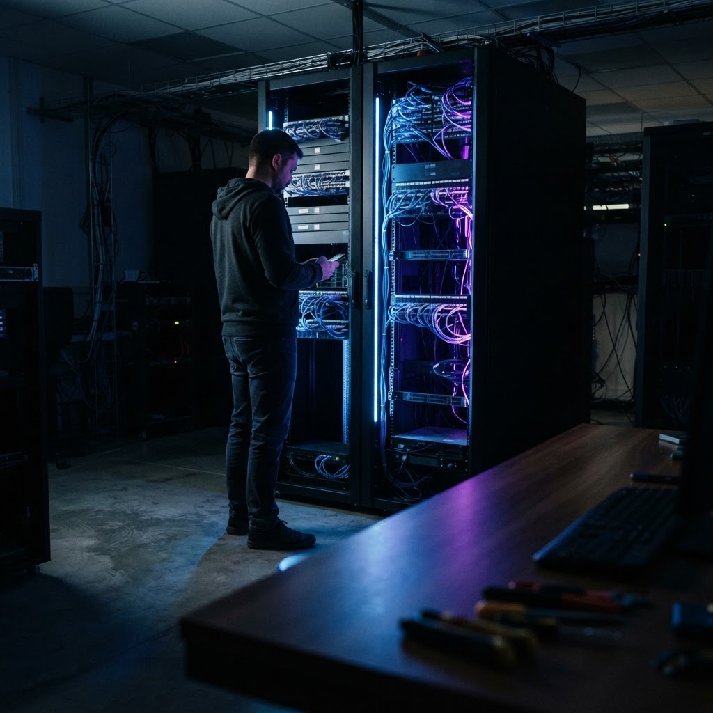 Developer standing before a glowing server rack