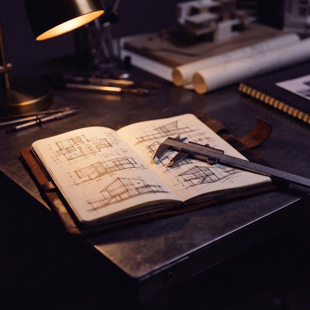 Engineering sketches and tools on a dark desk
