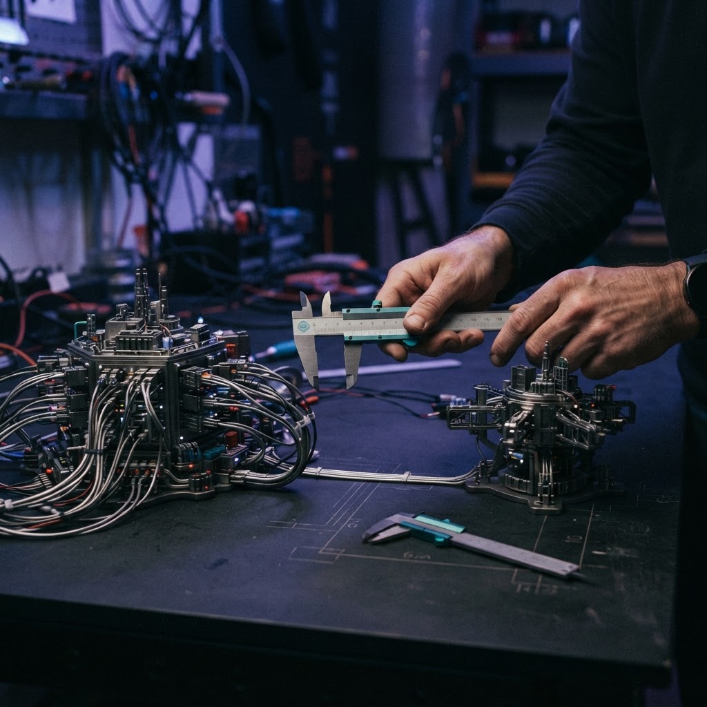 Hands measuring spatial distance between freight hub models