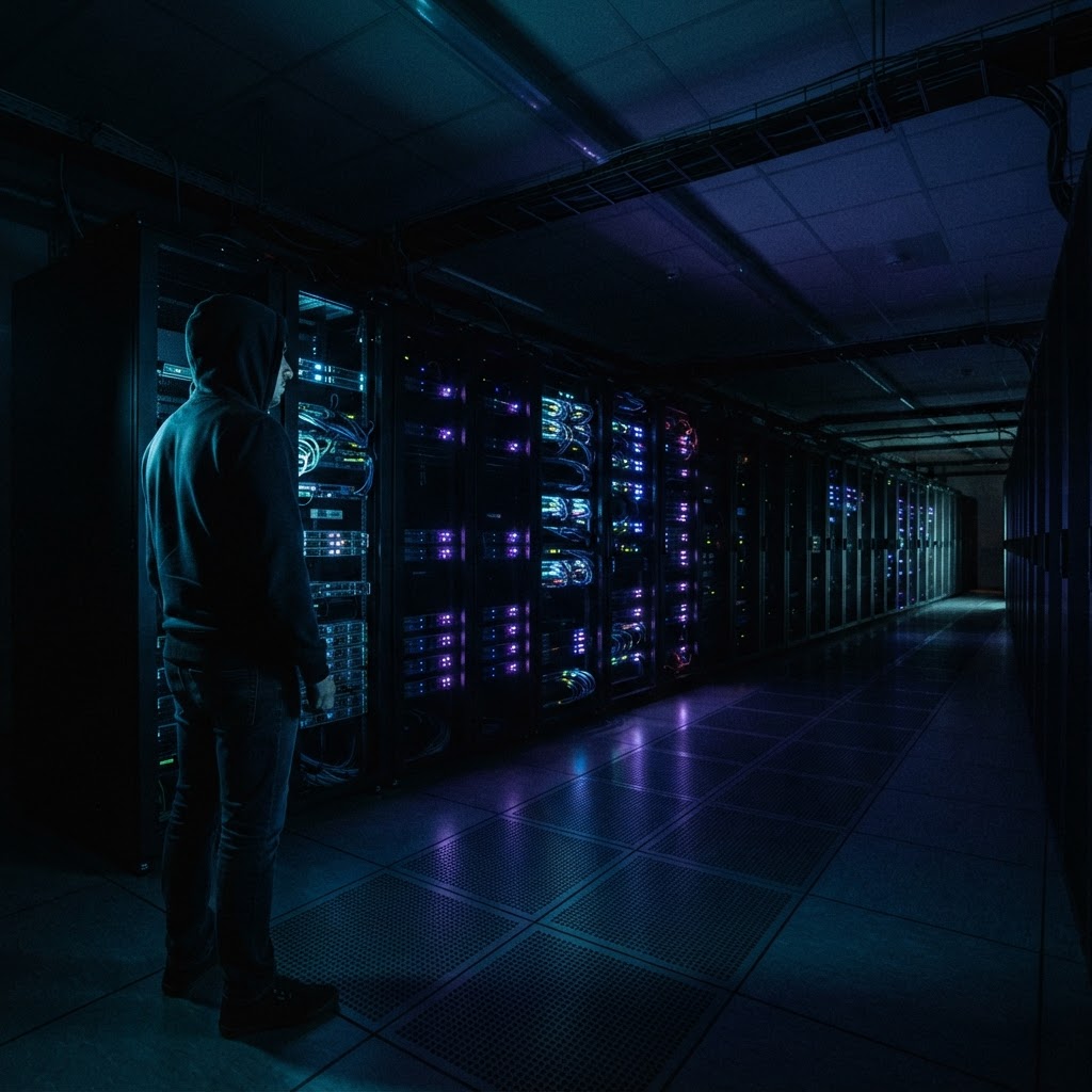 Developer observing server racks in a dark data center