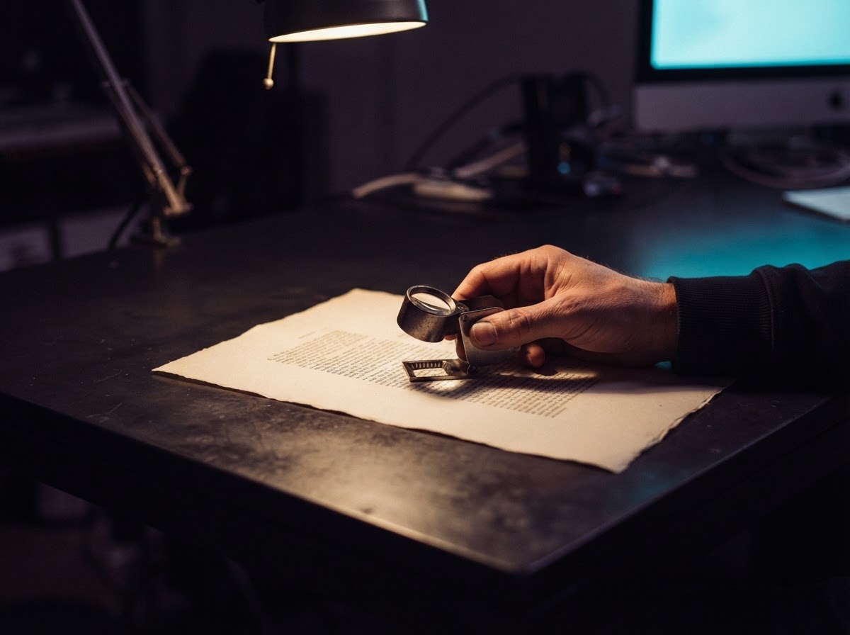 Magnifying glass inspecting a paper document on a dark desk