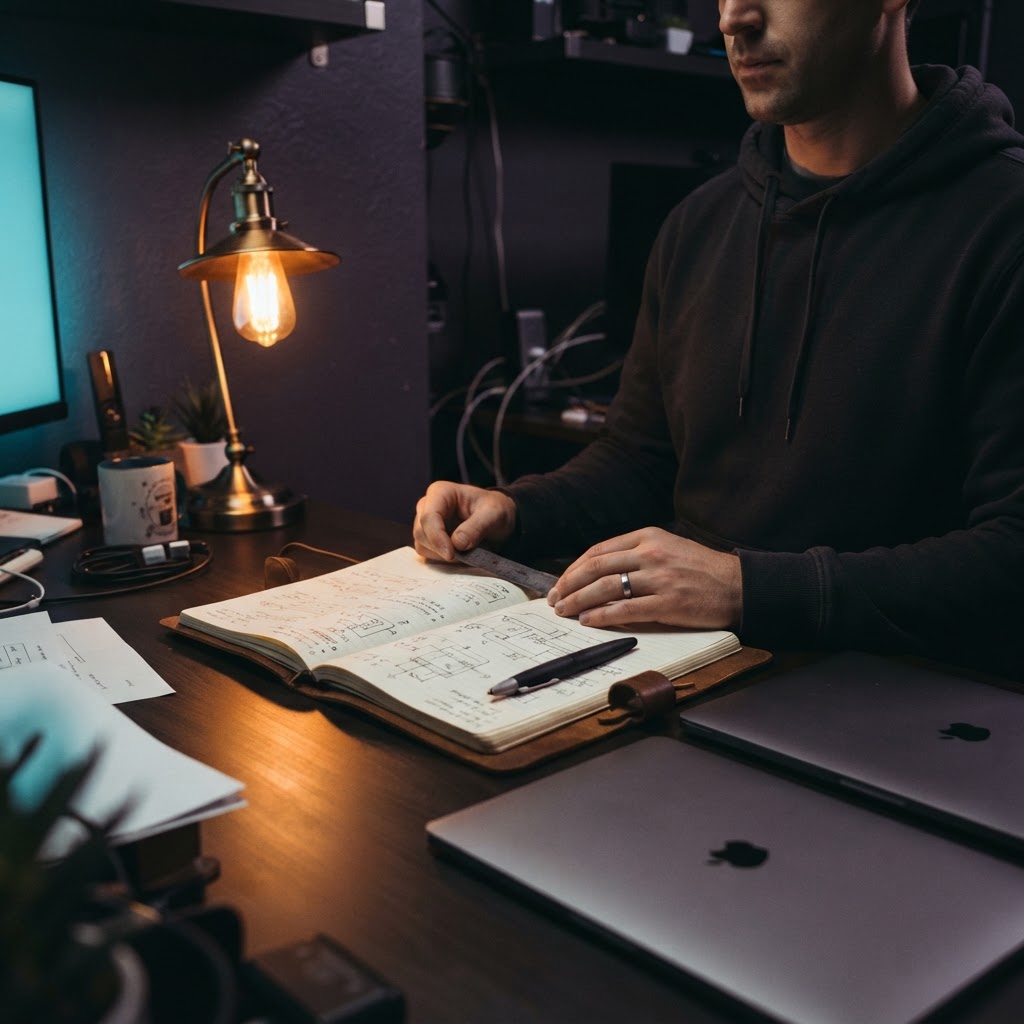 Open engineering notebook on a desk with closed laptops