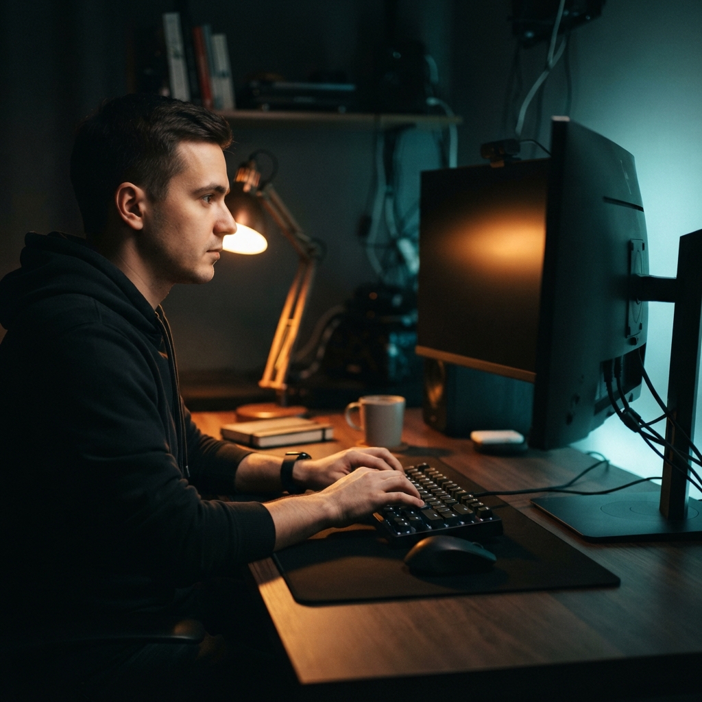 Software developer working at a desk in the dark