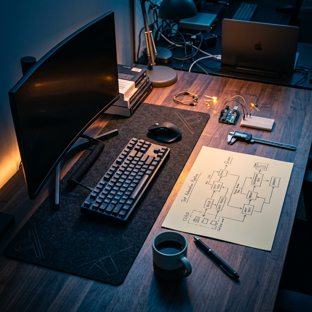 Workspace comparing manual notes with automated testing setup