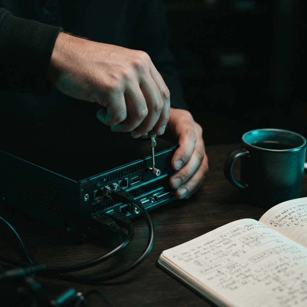 Close up of hands setting up a small server