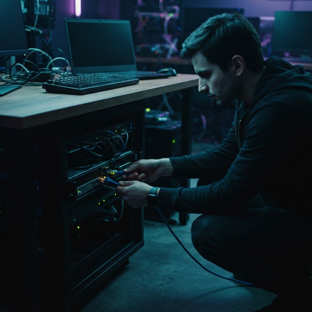 Developer plugging a network cable in a dark office