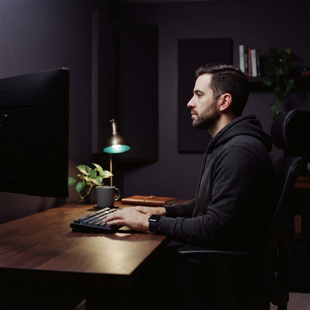 Developer resting at a desk in a moody room
