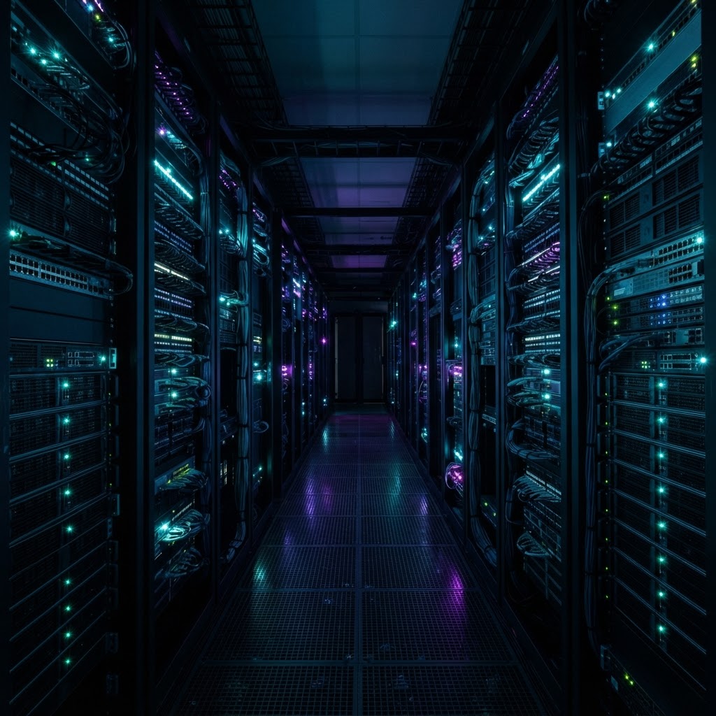Rows of dimly lit server racks in a dark room