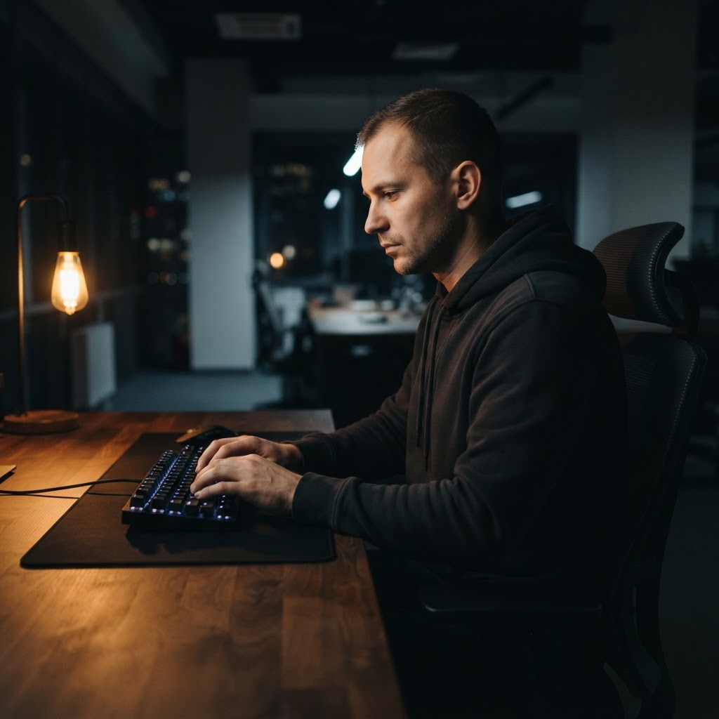 Developer working at a desk in a moody office
