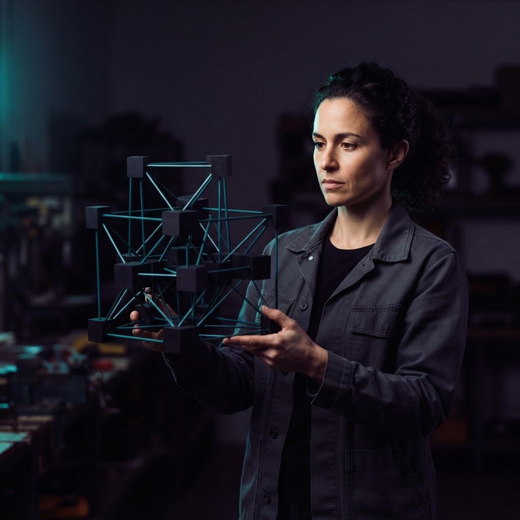 Engineer holding a complex wooden system model