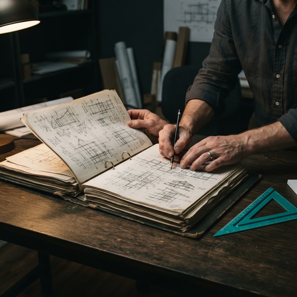 Hands working with a large architectural binder on a desk