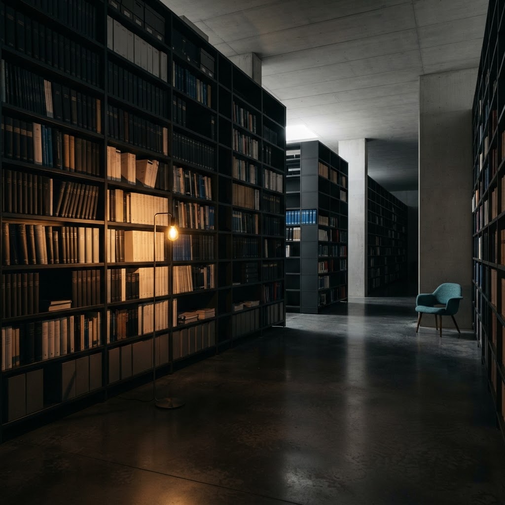 Quiet library with dense shelves and a single accent chair