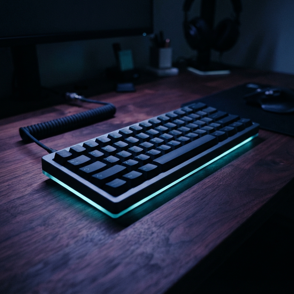 A single mechanical keyboard glowing in a dark office
