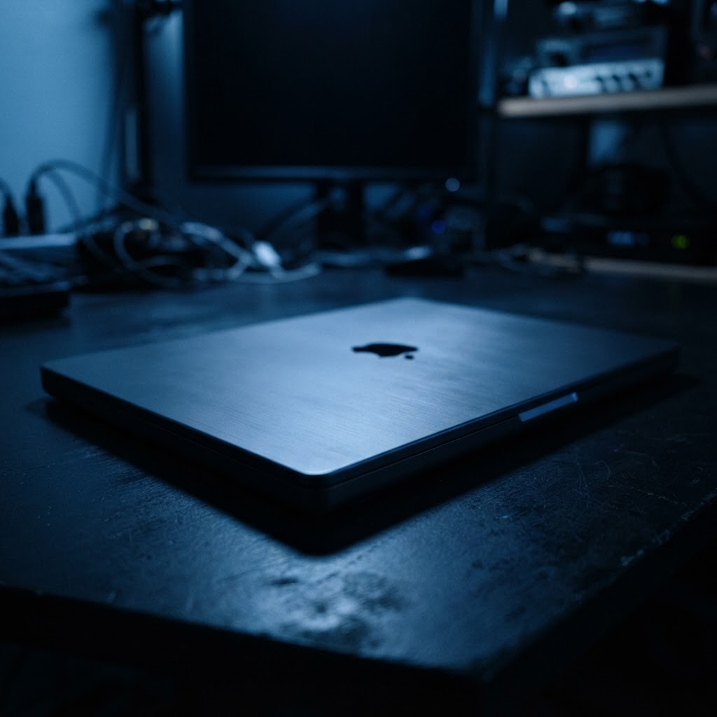 Closed laptop on a dark industrial desk