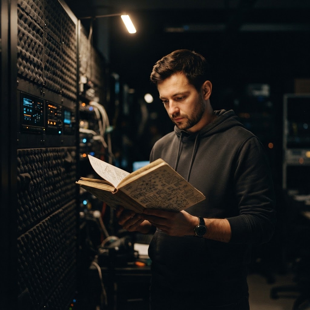 Developer reviewing technical architectural sketches in a journal
