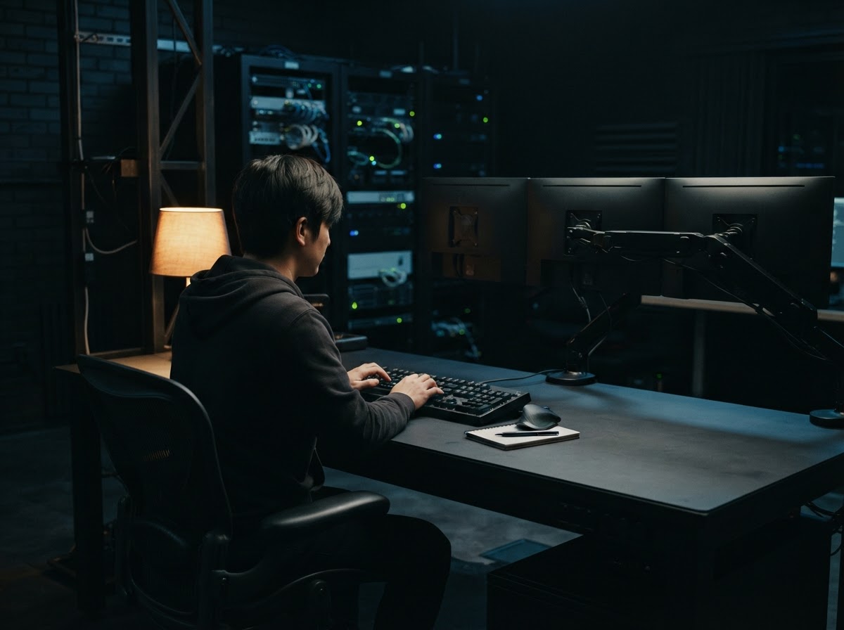 Developer working at a clean dark desk at night