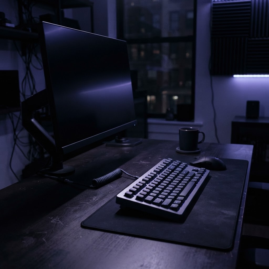 Minimalist desk setup with powered off monitor