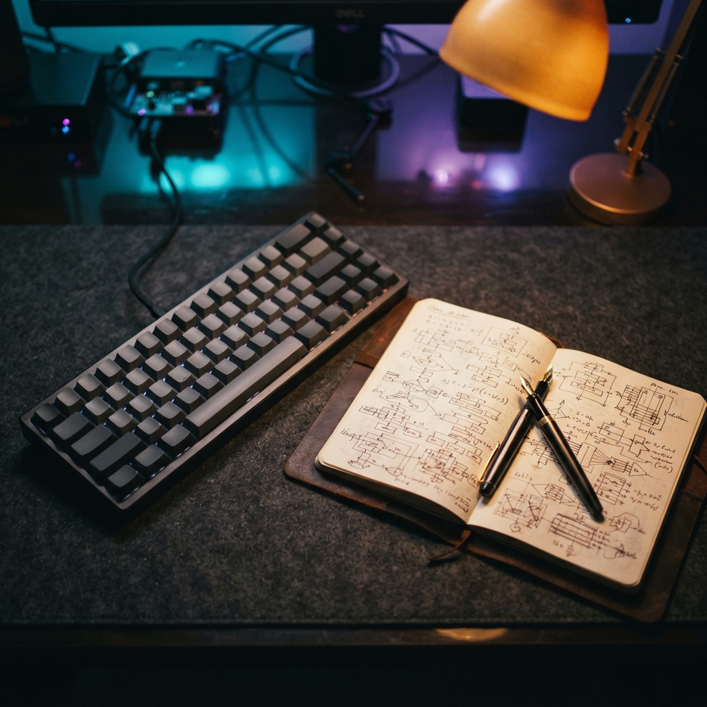 Close up of engineering notebook and mechanical keyboard