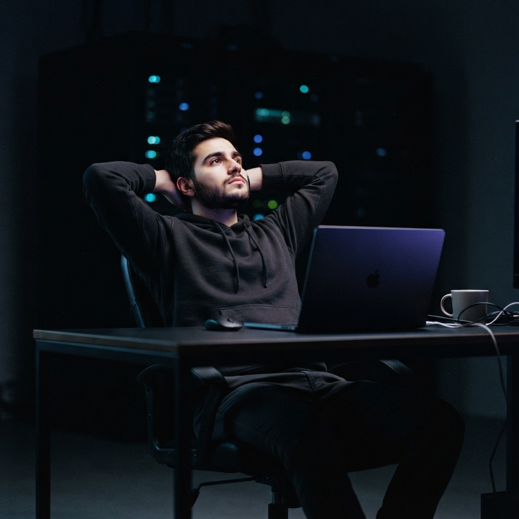 Developer thinking in a dimly lit modern office