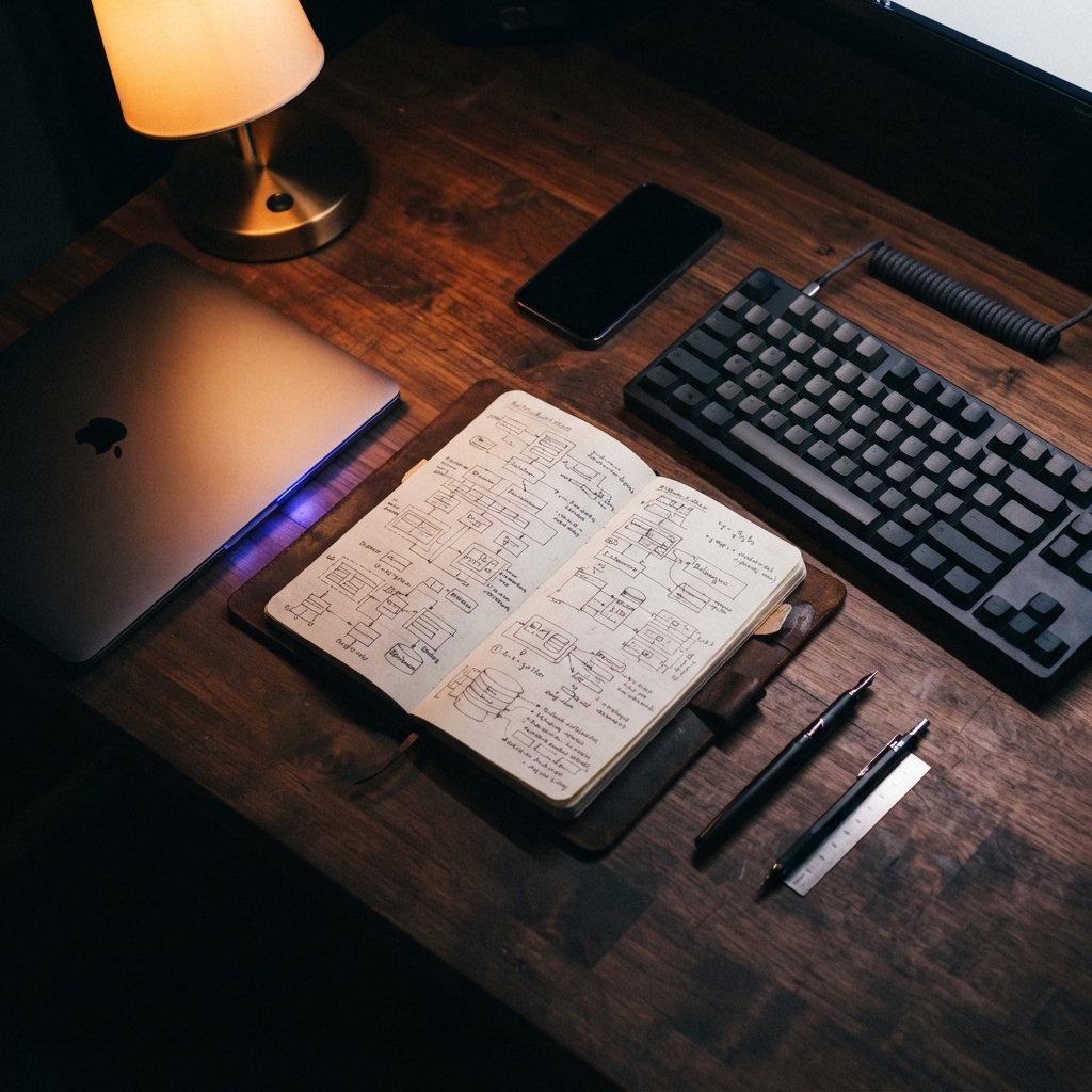 Detailed shot of an engineering journal and desk setup