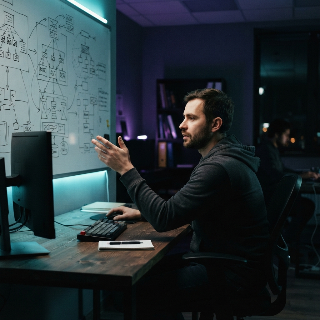 Developer brainstorming multi agent architecture on a whiteboard