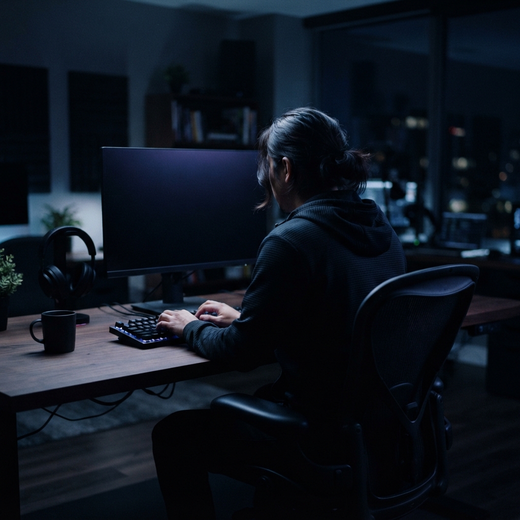 Back view of a developer working in a dimly lit office
