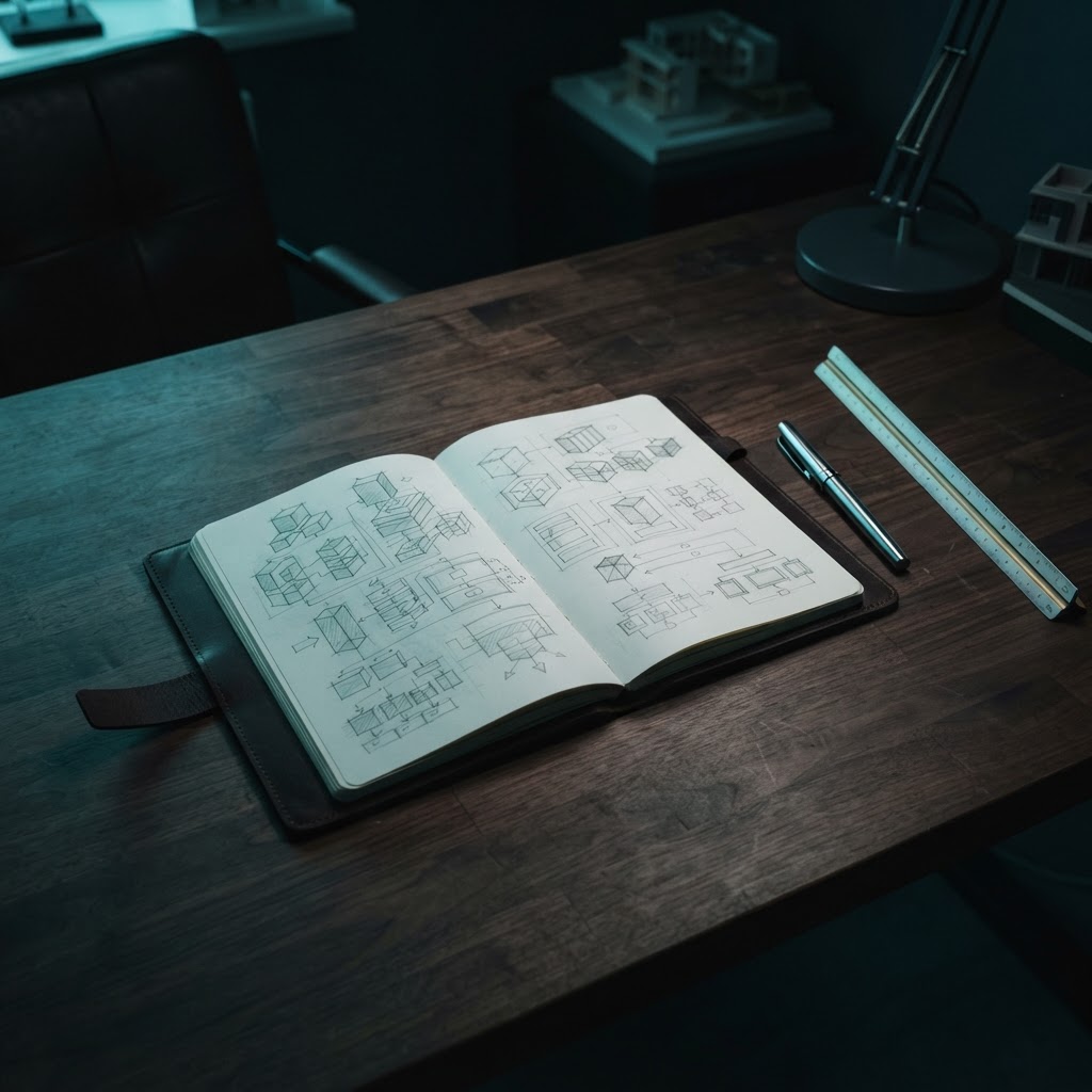 Open notebook with sketched architecture diagrams on a dark wooden desk
