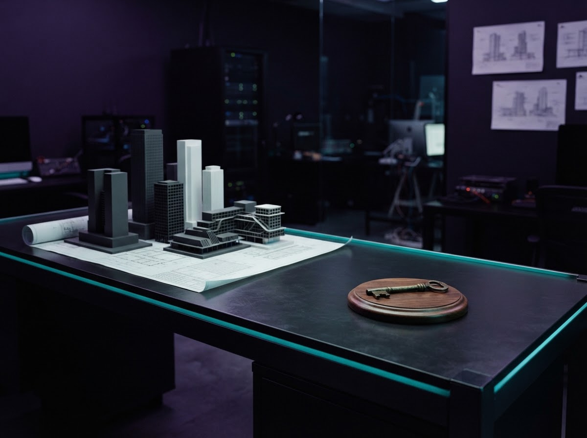 Construction models and a house key on a dark desk