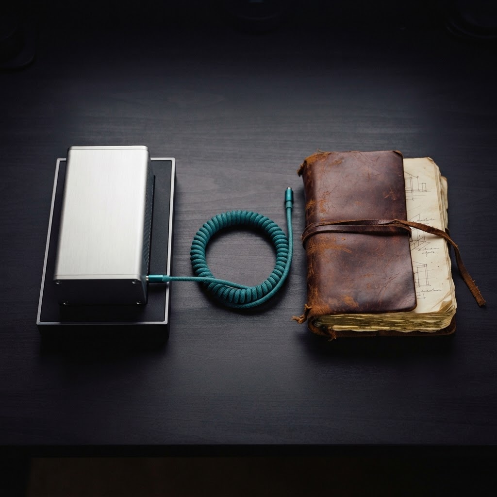 Contrasting new and established items on a desk
