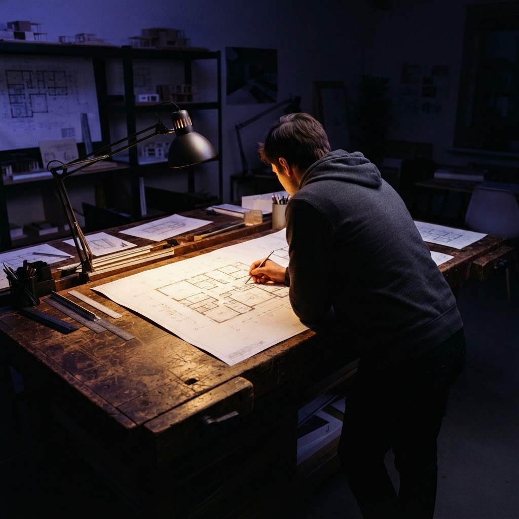 Developer marking architectural plans at a workbench