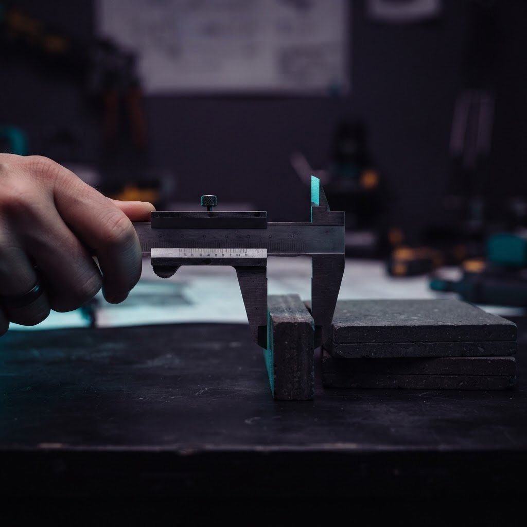 Engineering calipers measuring a material sample