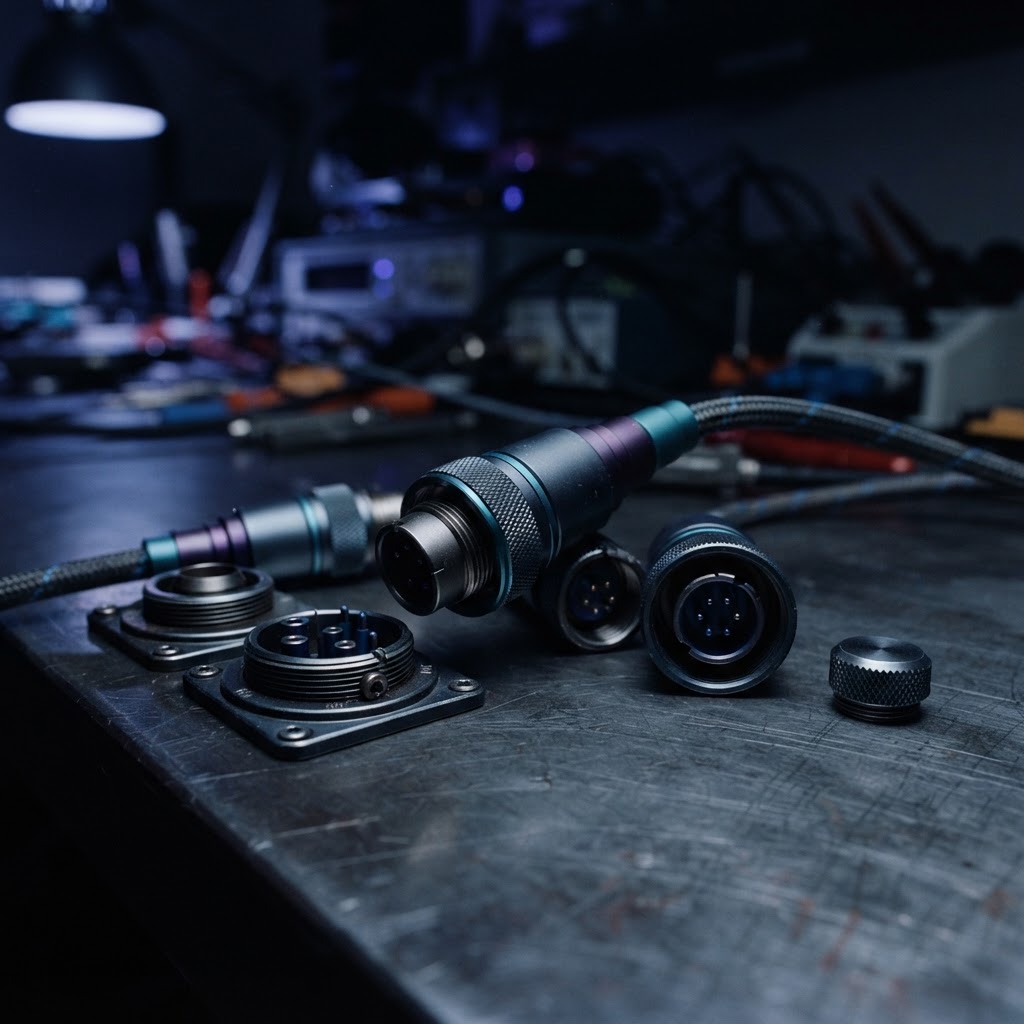 Close up of metallic server cable connectors on a dark desk