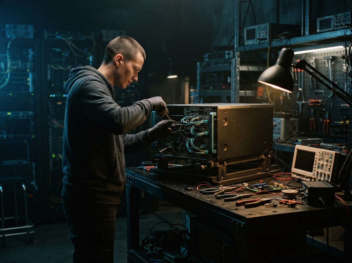 Developer adjusting a modular server rack in a dark studio