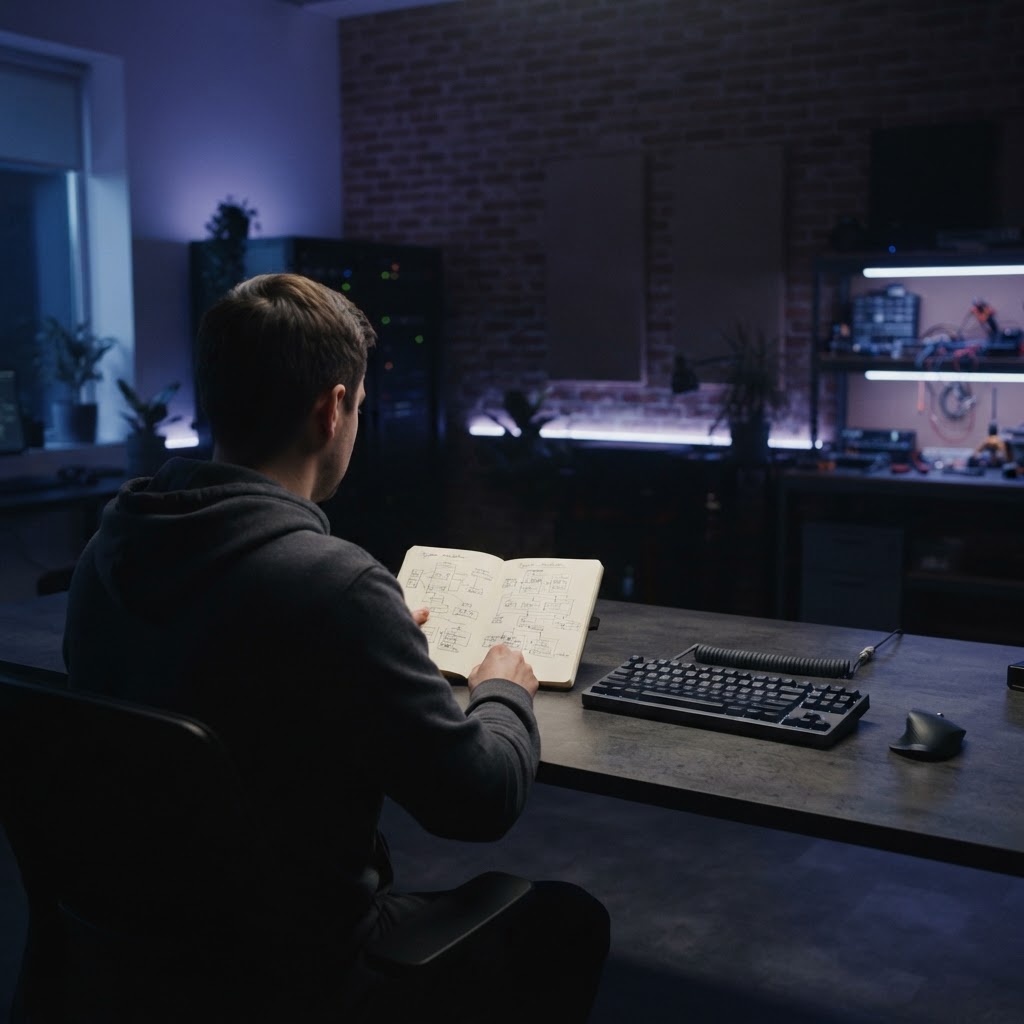 Developer working at a clean desk with a notebook